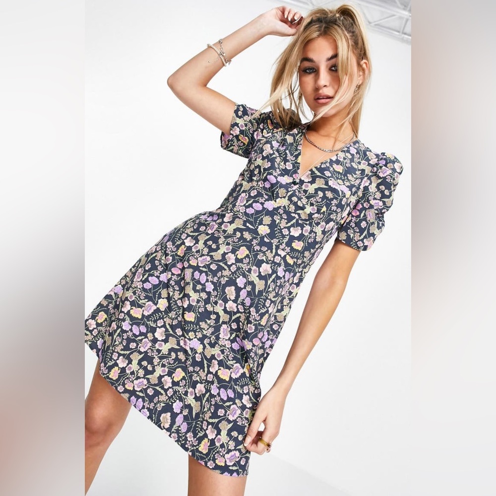Topshop Ruched Sleeve Floral Print Dress